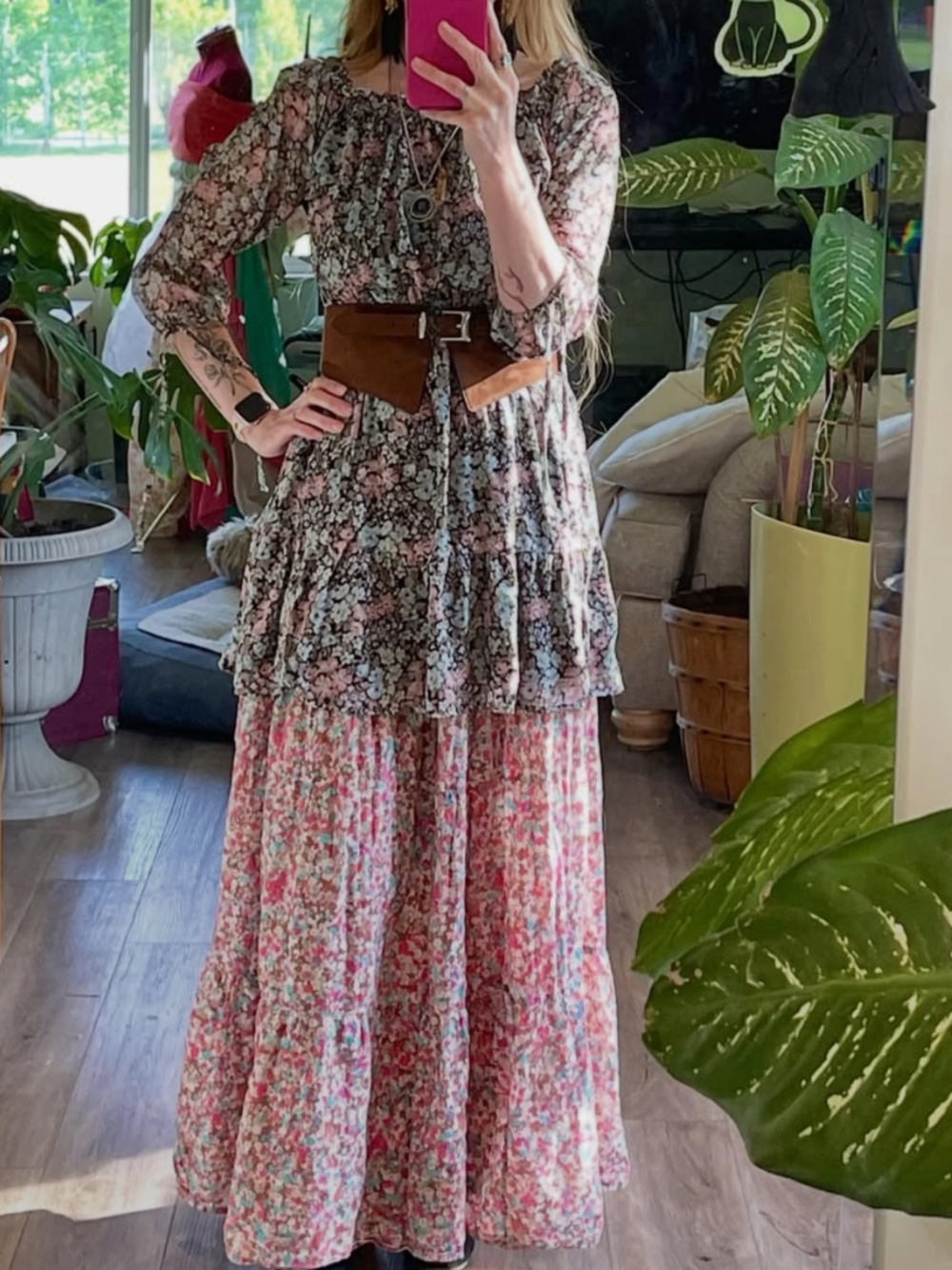 American Eagle Floral Off-Shoulder Tiered Sundress in Pink and Black - Picture 3 of 3